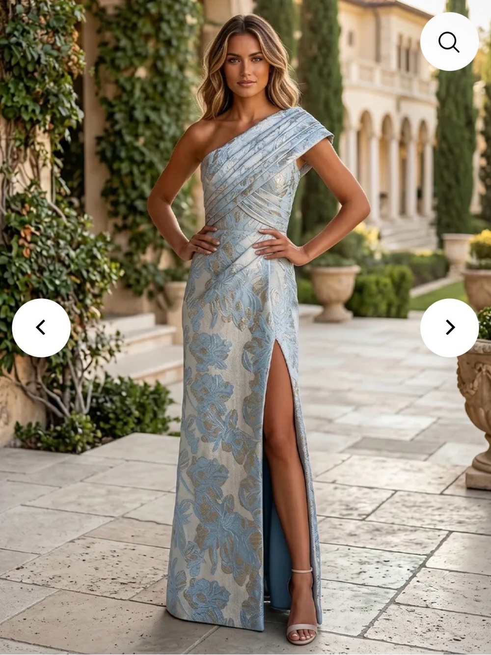 One-Shoulder Light Blue Floral Brocade Wedding Gown